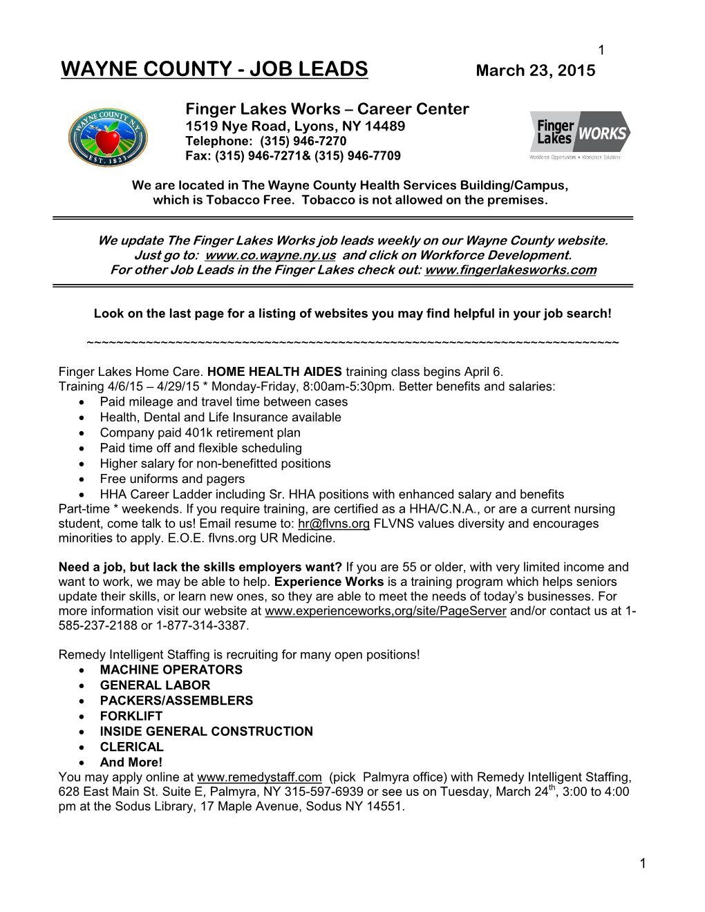 WAYNE COUNTY - JOB LEADS March 23, 2015