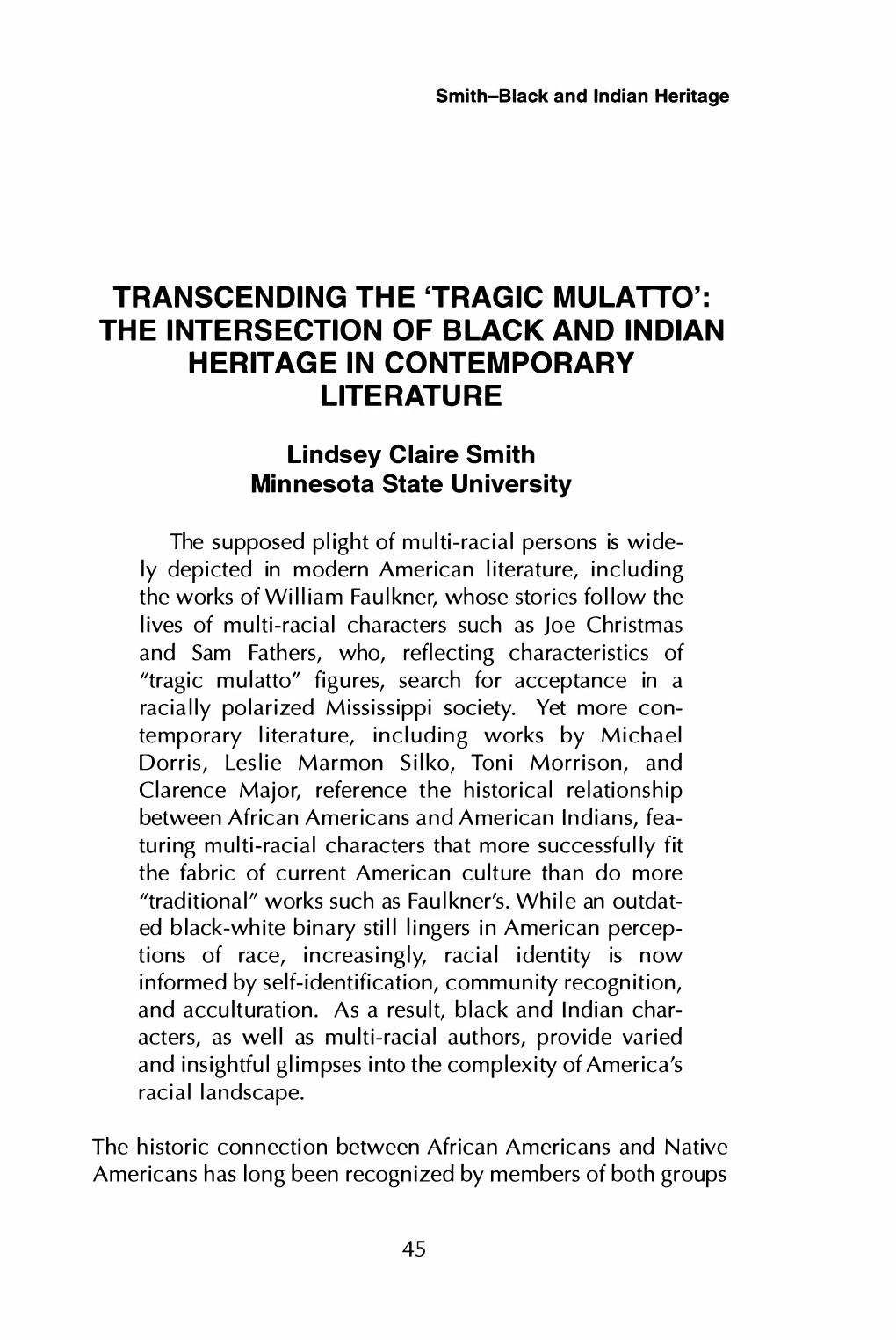 Tragic Mulatto': the Intersection of Black and Indian Heritage in Contemporary Literature