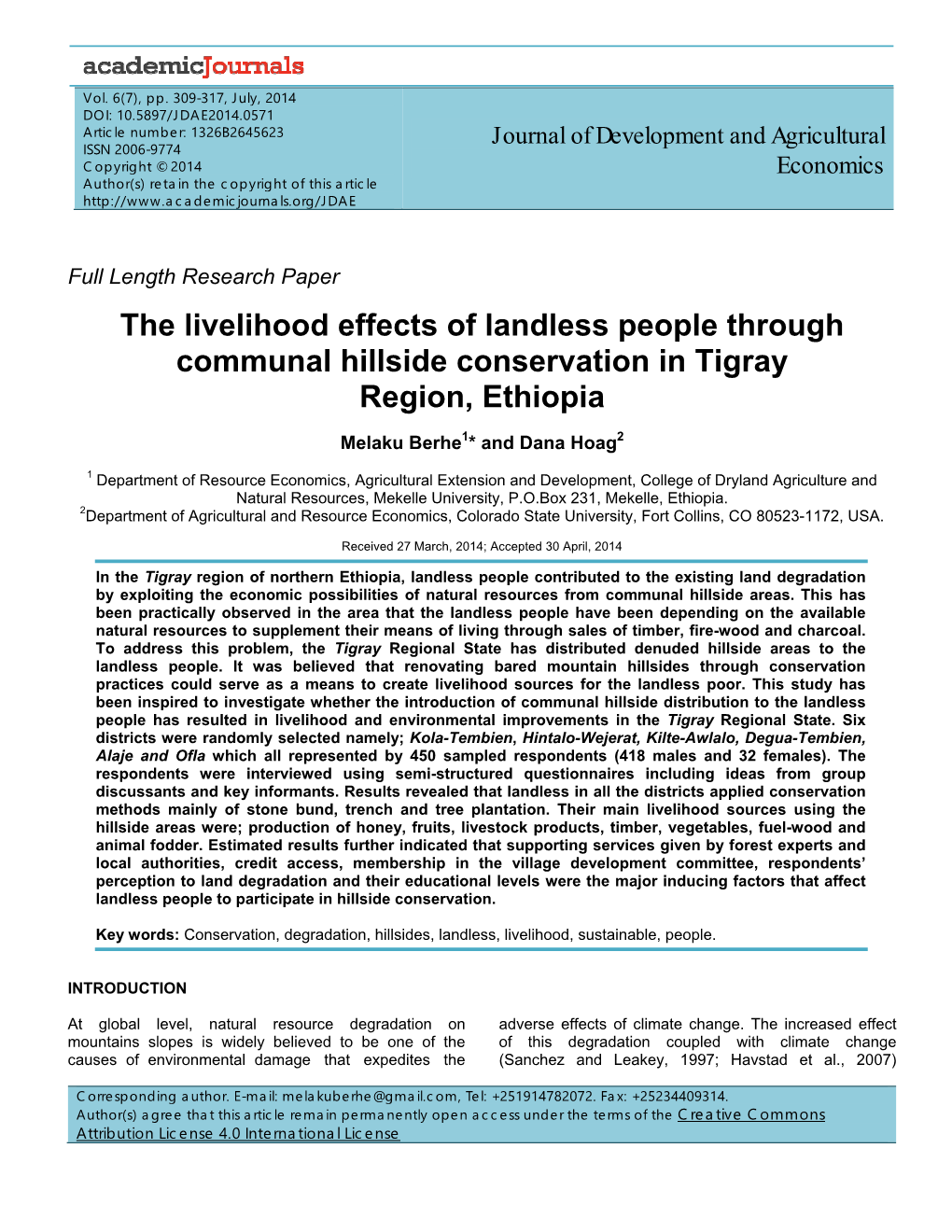 The Livelihood Effects of Landless People Through Communal Hillside Conservation in Tigray Region, Ethiopia