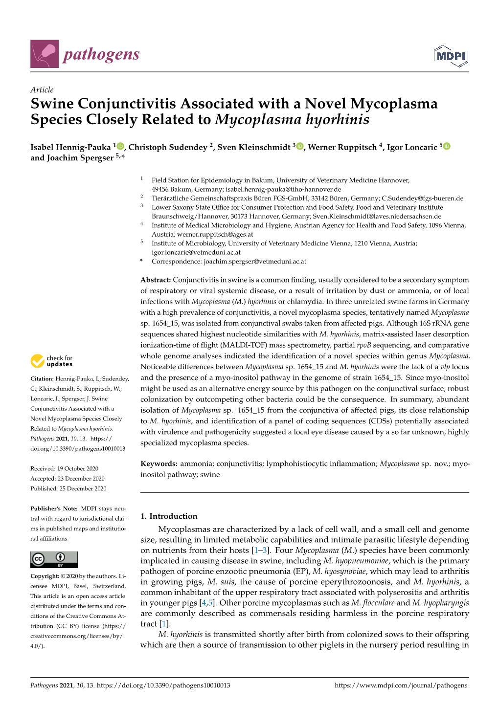 Swine Conjunctivitis Associated with a Novel Mycoplasma Species Closely Related to Mycoplasma Hyorhinis