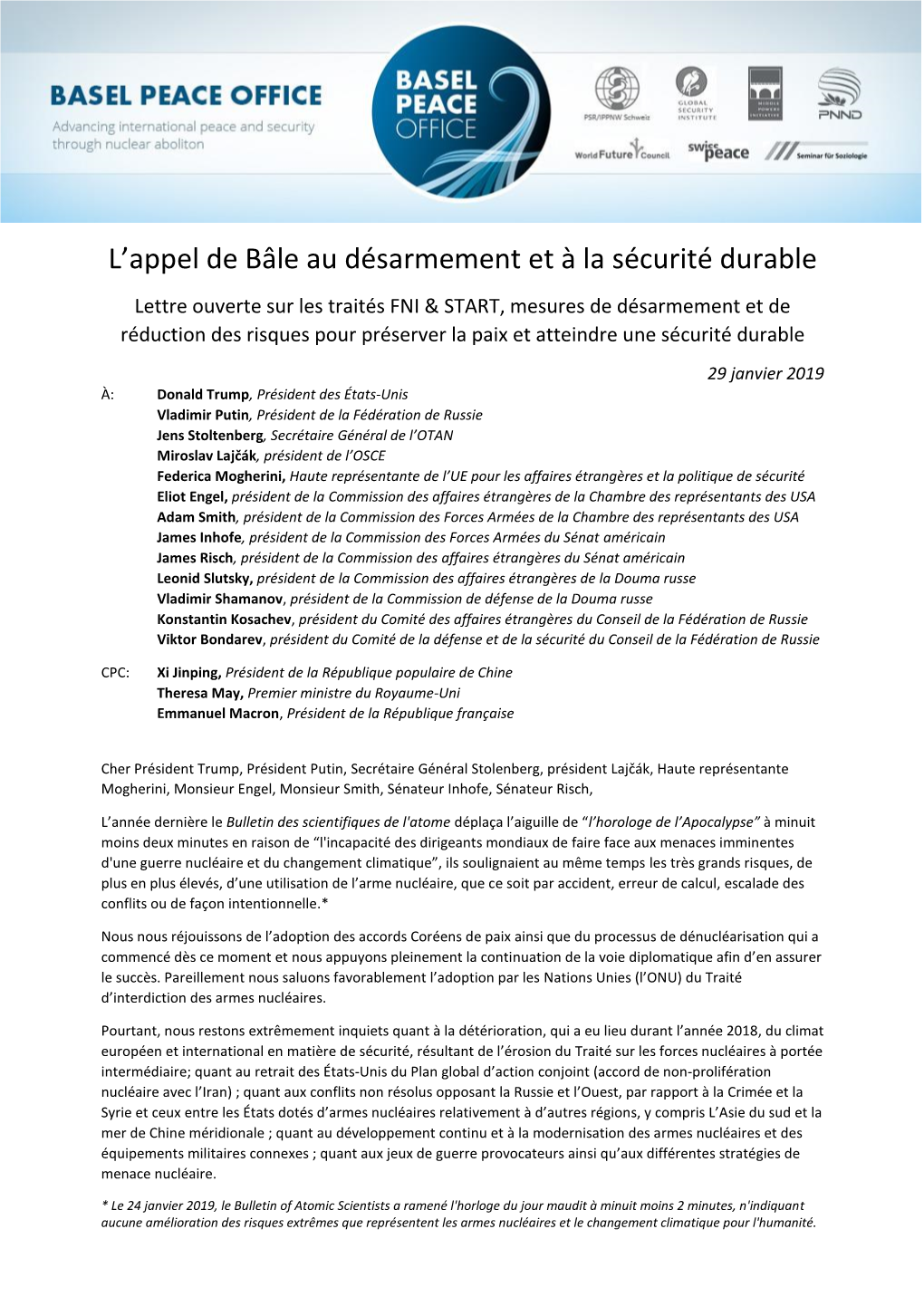 L'appel De Bâle Au Désarmement Et À La Sécurité Durable