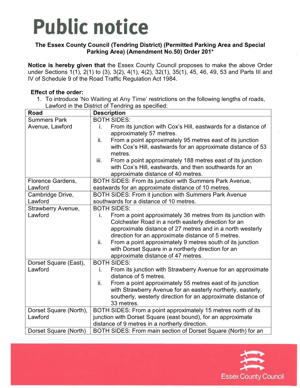 (Tendring District) (Permitted Parking Area and Special Parking Area) (Amendment No.50) Order 201*