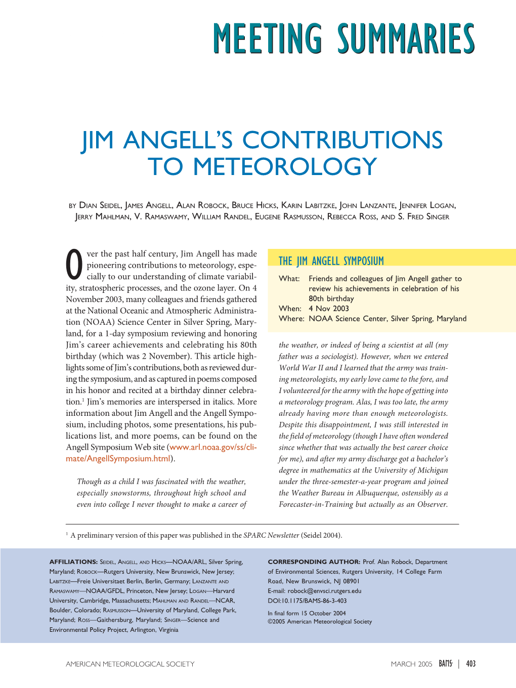 Jim Angell's Contributions to Meteorology