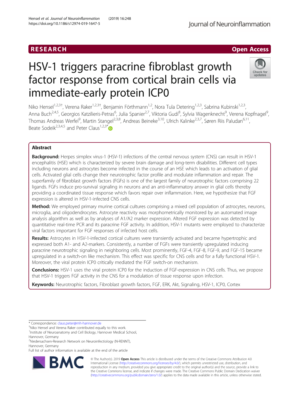 HSV-1 Triggers Paracrine Fibroblast Growth Factor Response from Cortical