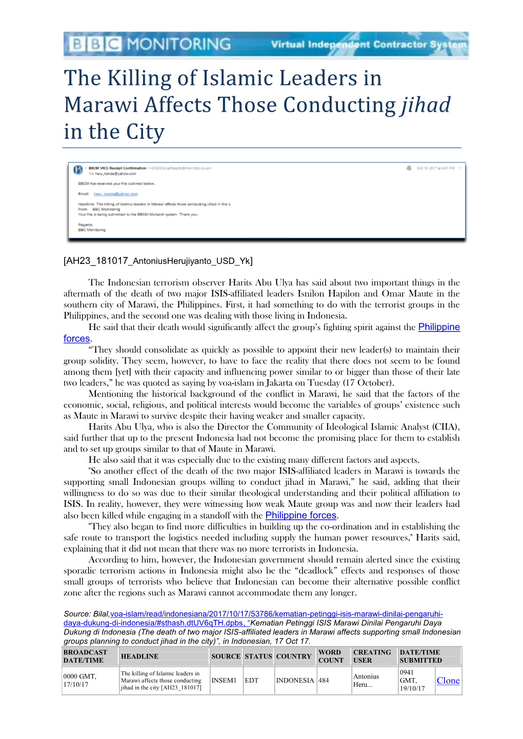 The Killing of Islamic Leaders in Marawi Affects Those Conducting Jihad in the City