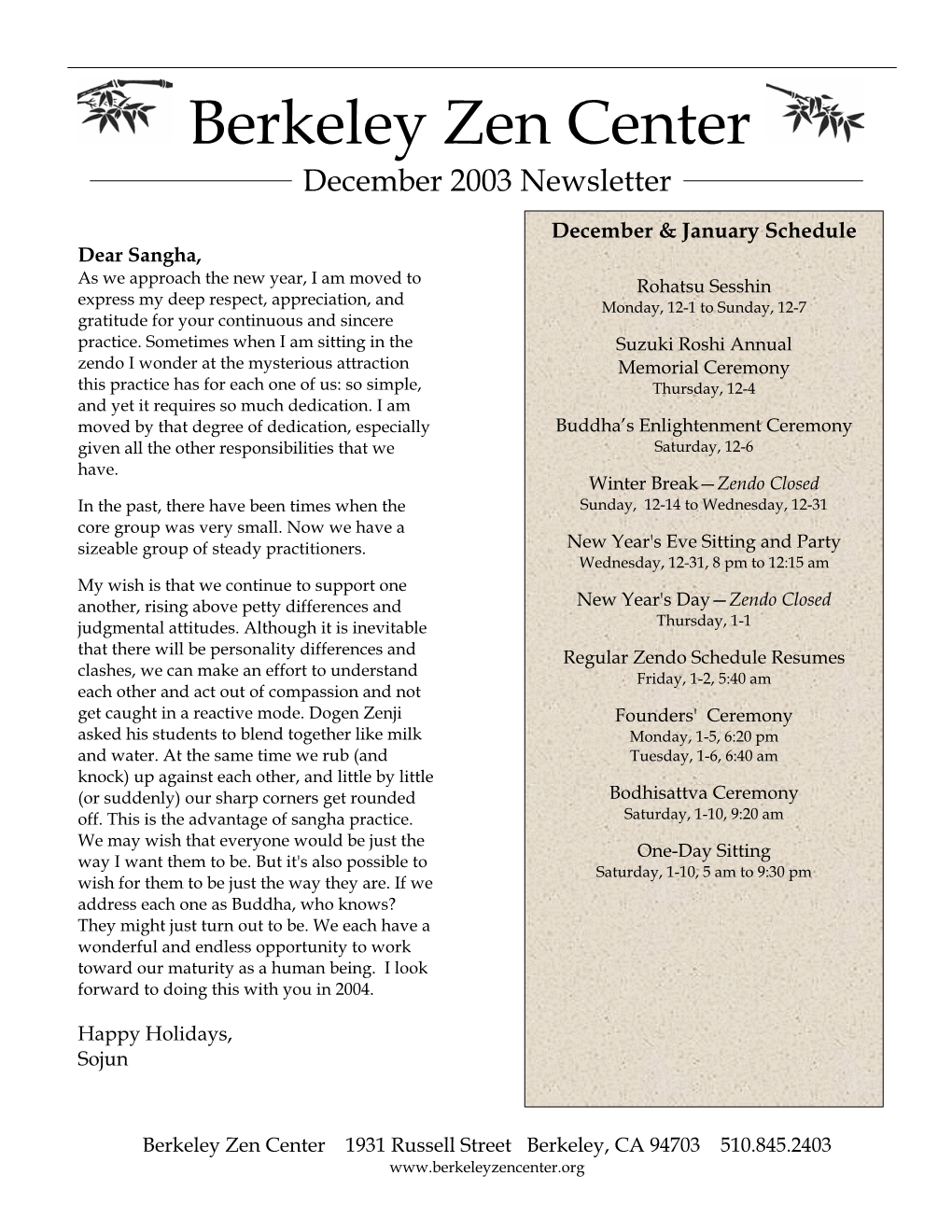 Berkeley Zen Center December 2003 Newsletter