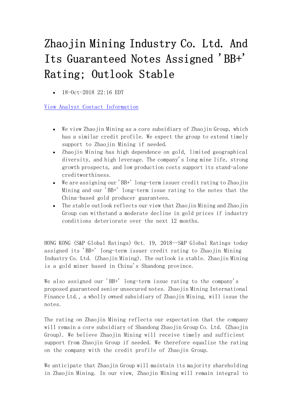 Zhaojin Mining Industry Co. Ltd. and Its Guaranteed Notes Assigned 'BB+' Rating; Outlook Stable