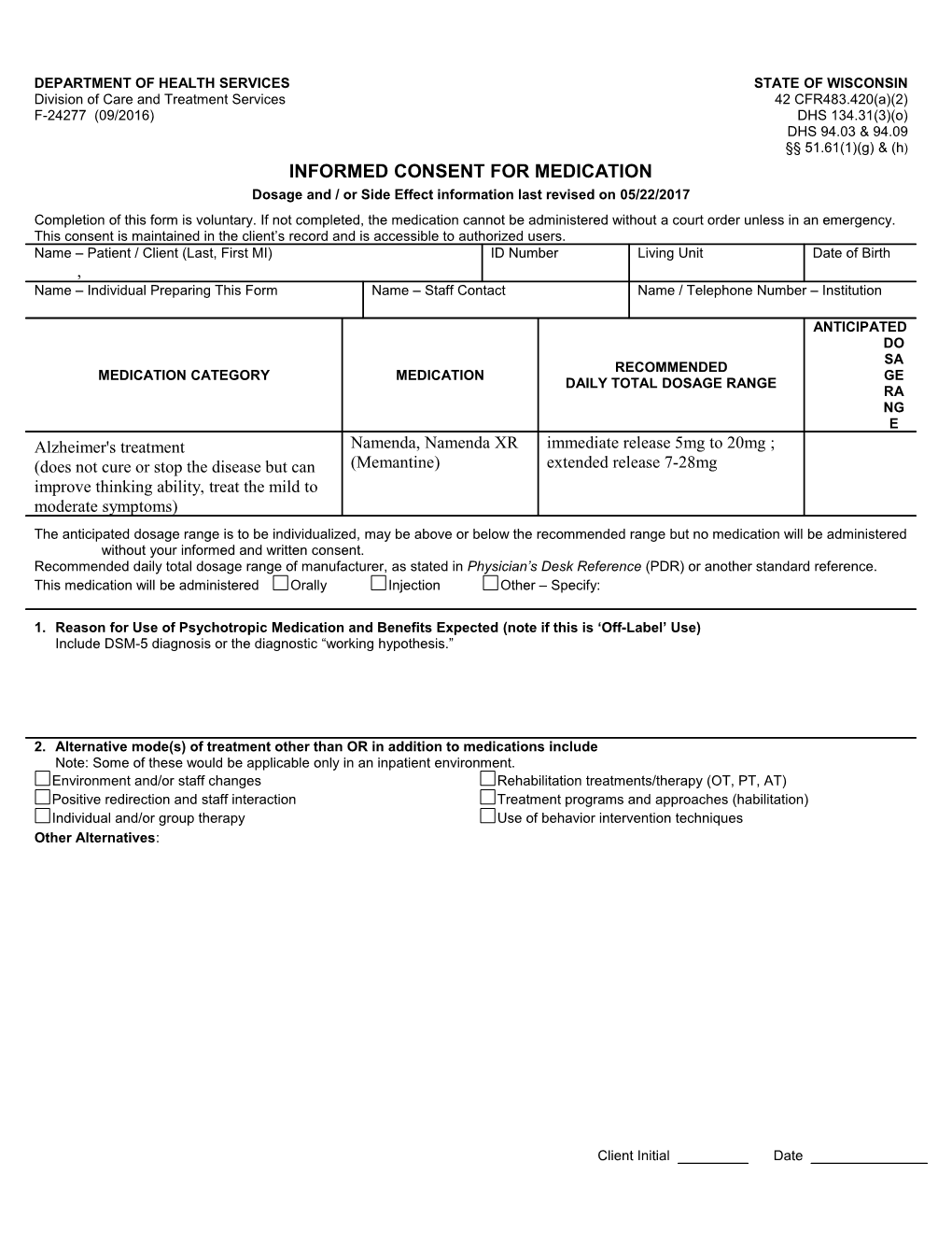 Informed Consent for Medication, Namenda