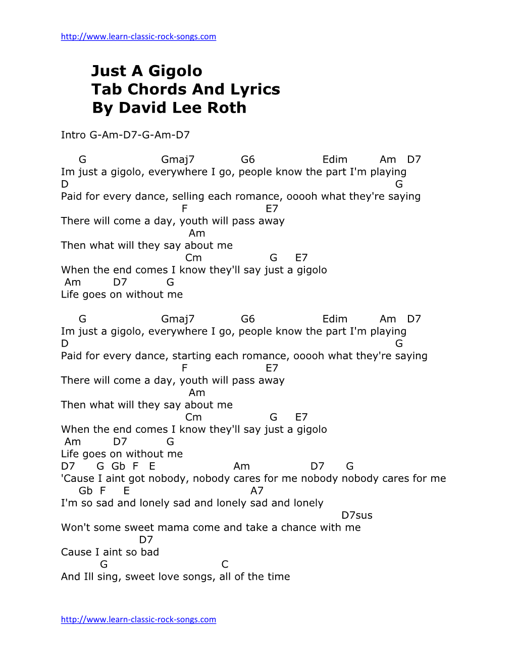 Just a Gigolo Tab Chords and Lyrics by David Lee Roth