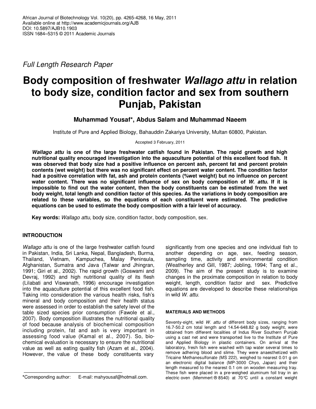 Body Composition of Freshwater Wallago Attu in Relation to Body Size, Condition Factor and Sex from Southern Punjab, Pakistan