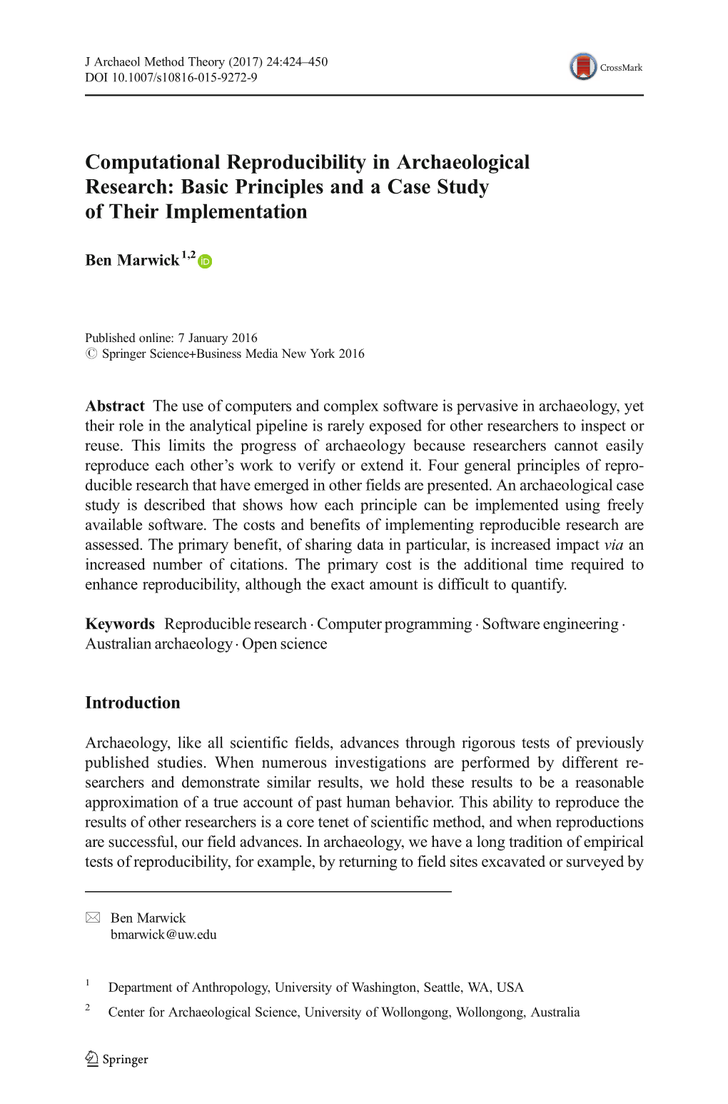 Computational Reproducibility in Archaeological Research: Basic Principles and a Case Study of Their Implementation