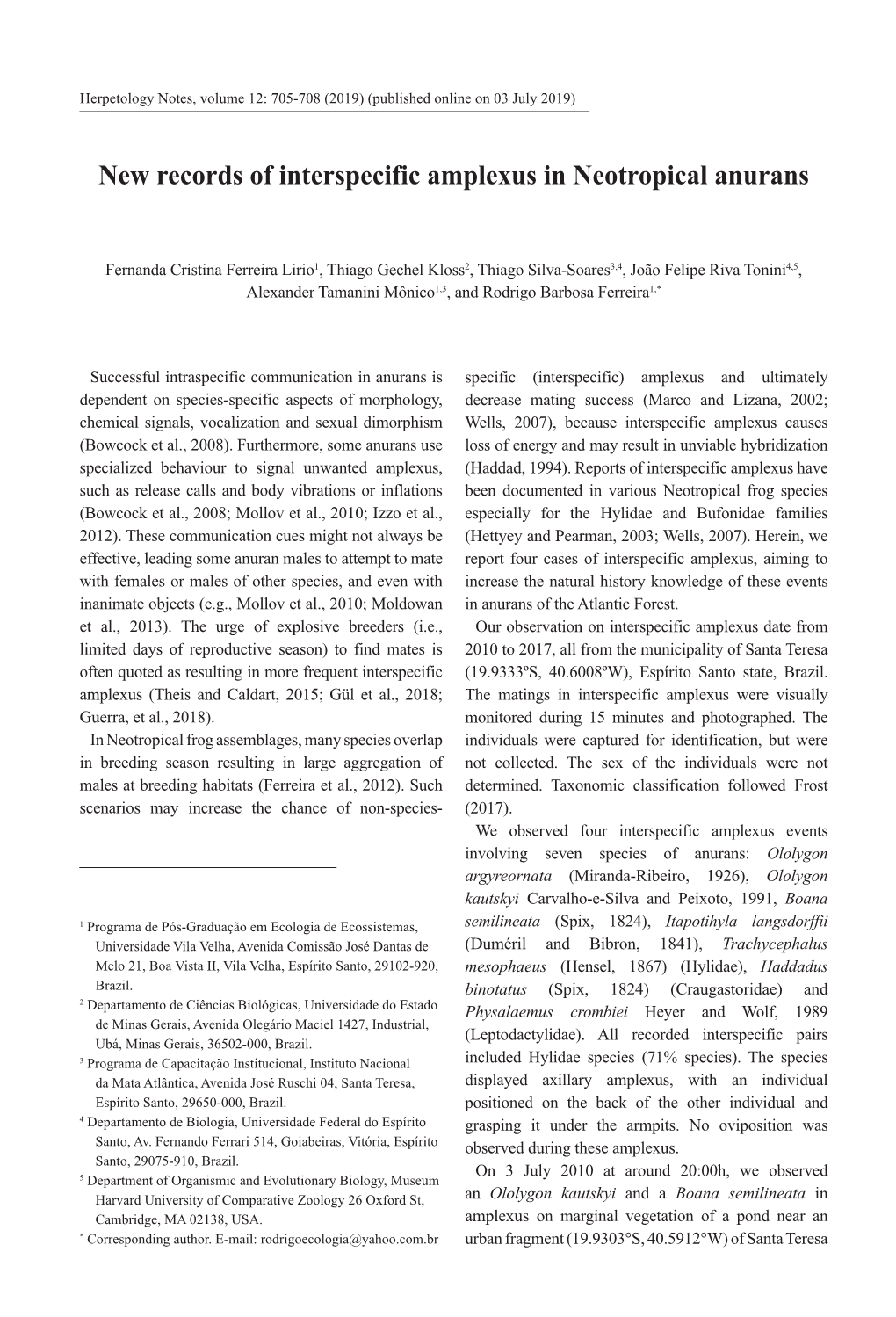 New Records of Interspecific Amplexus in Neotropical Anurans