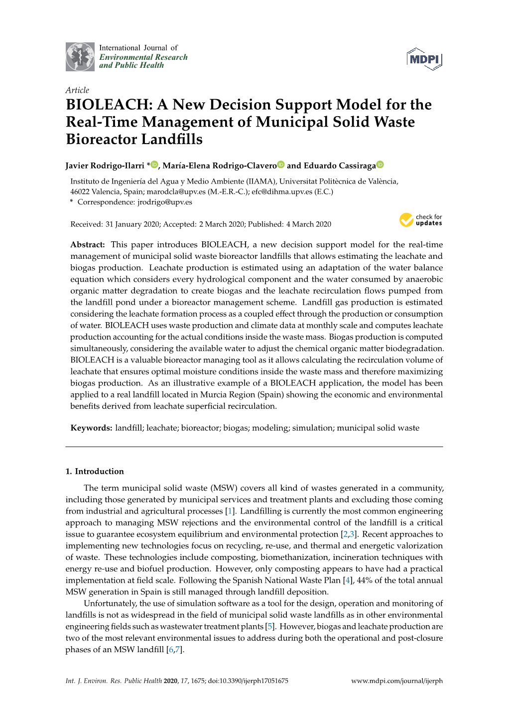 BIOLEACH: a New Decision Support Model for the Real-Time Management of Municipal Solid Waste Bioreactor Landﬁlls