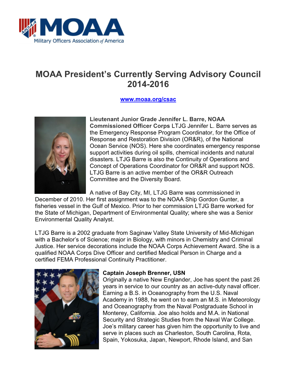 MOAA President's Currently Serving Advisory Council 2014-2016