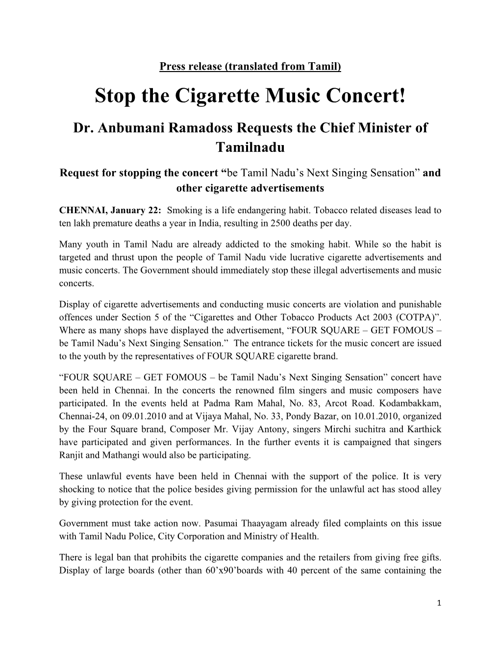Press Release (Translated from Tamil) Stop the Cigarette Music Concert! Dr