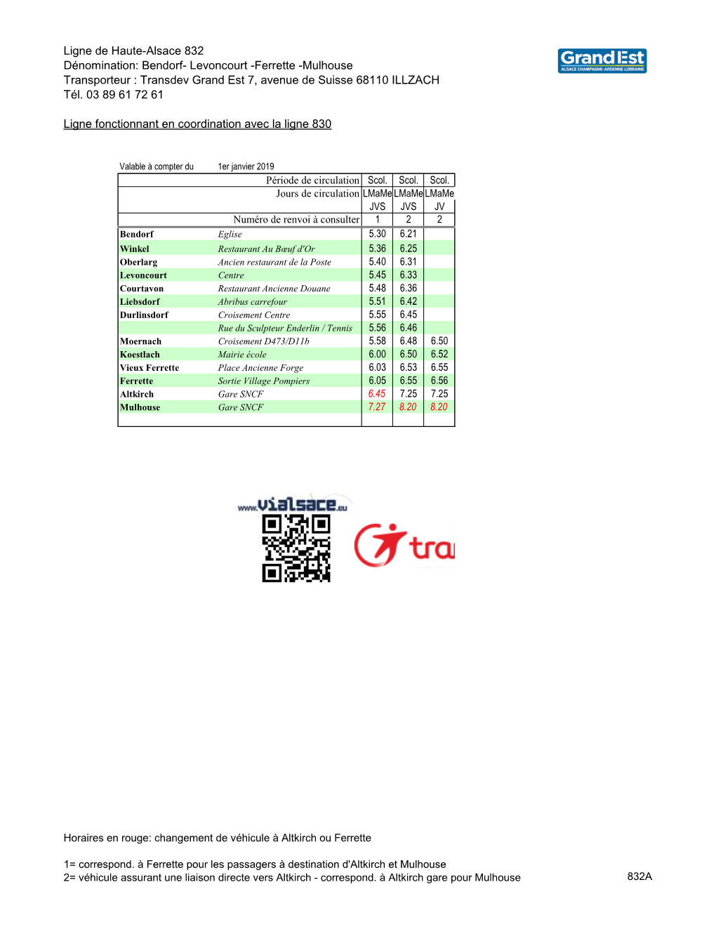 Ligne De Haute-Alsace 832 Dénomination: Bendorf- Levoncourt -Ferrette -Mulhouse Transporteur : Transdev Grand Est 7, Avenue De Suisse 68110 ILLZACH Tél
