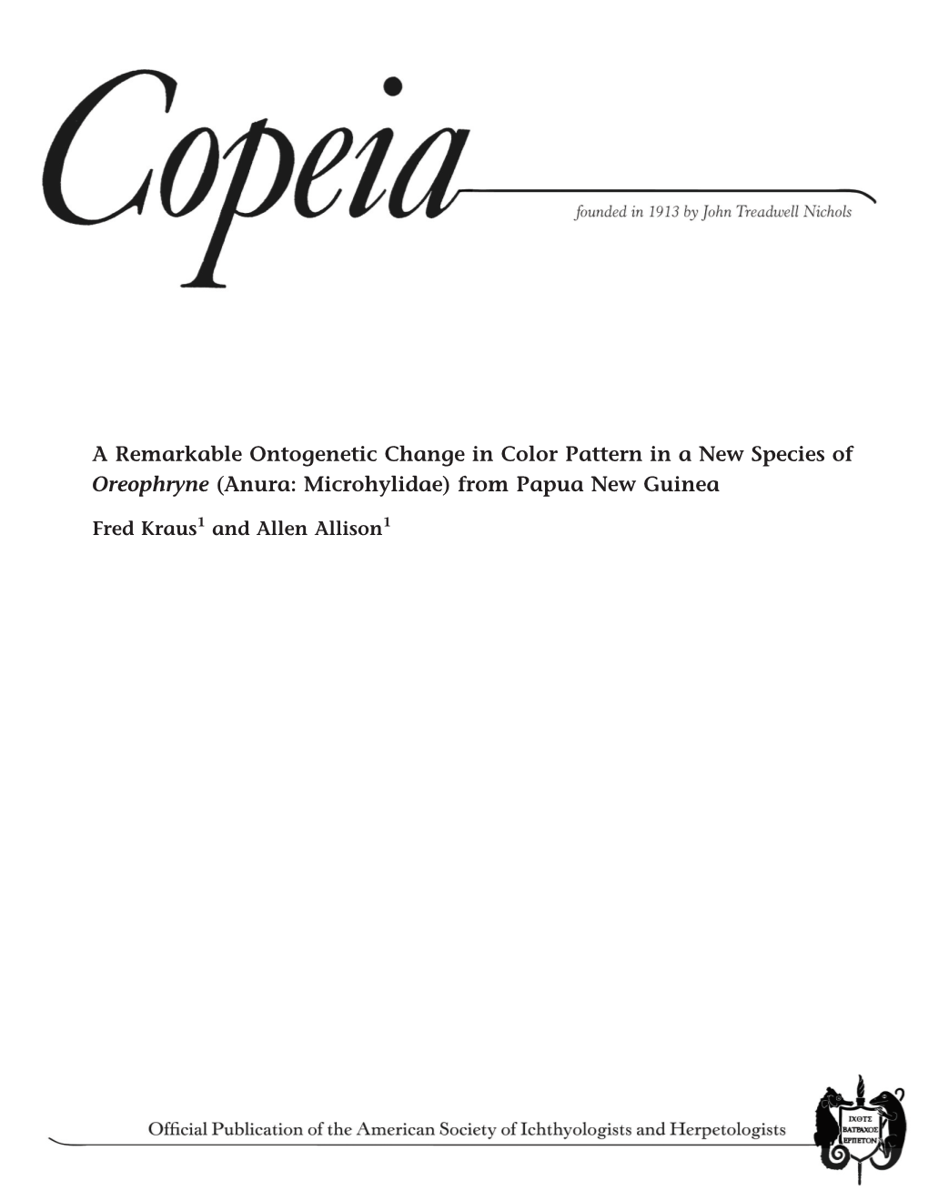 A Remarkable Ontogenetic Change in Color Pattern in a New Species of Oreophryne (Anura: Microhylidae) from Papua New Guinea