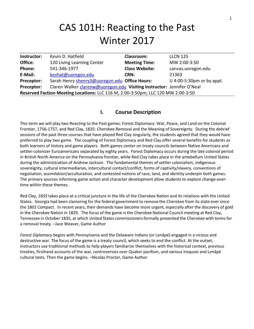 CAS 101H: Reacting to the Past Winter 2017