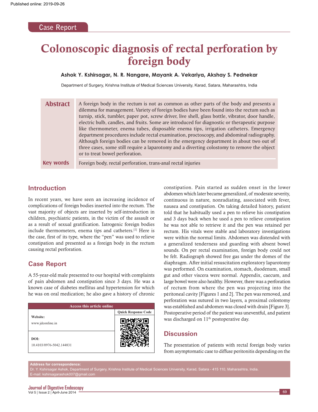 Colonoscopic Diagnosis of Rectal Perforation by Foreign Body