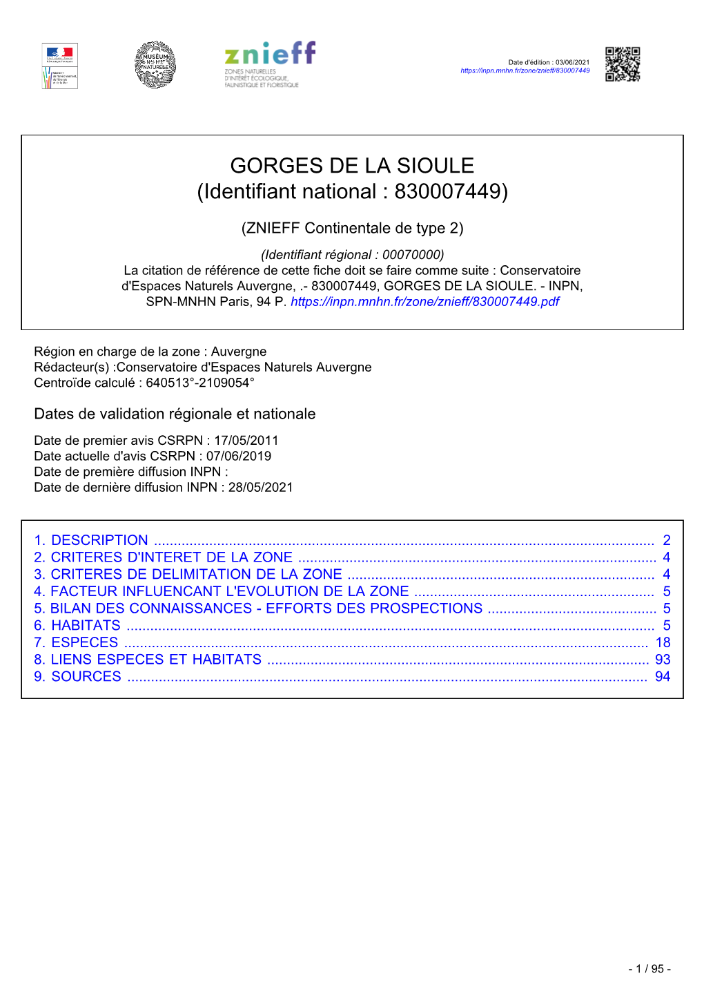 GORGES DE LA SIOULE (Identifiant National : 830007449)