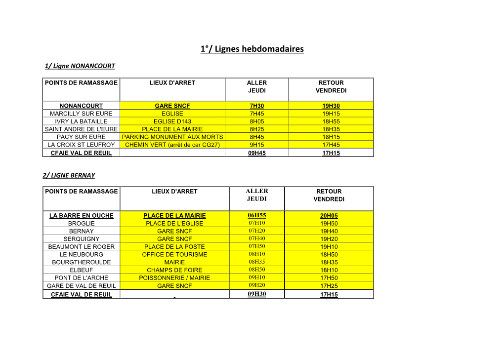 1°/ Lignes Hebdomadaires