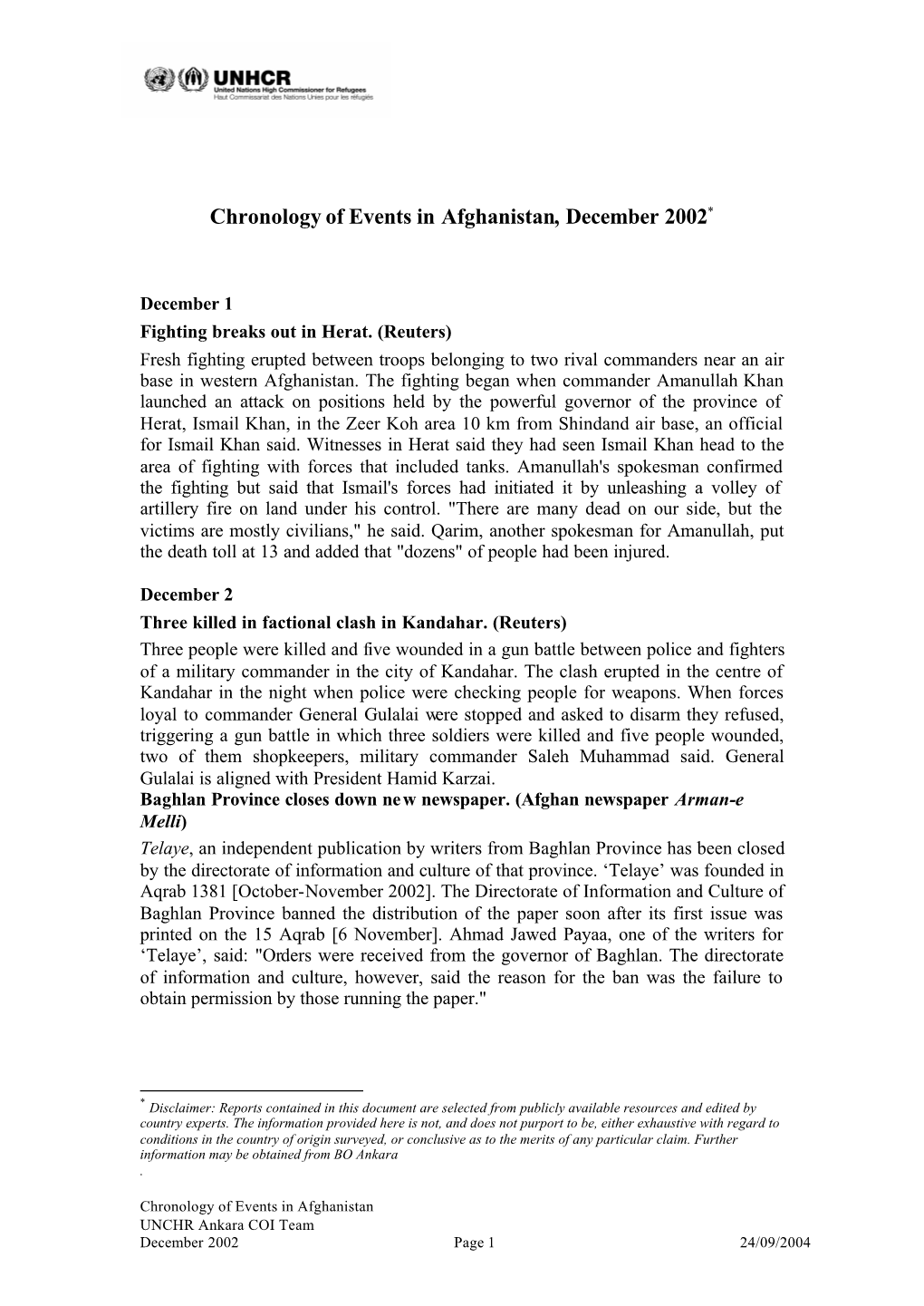 Chronology of Events in Afghanistan, December 2002*