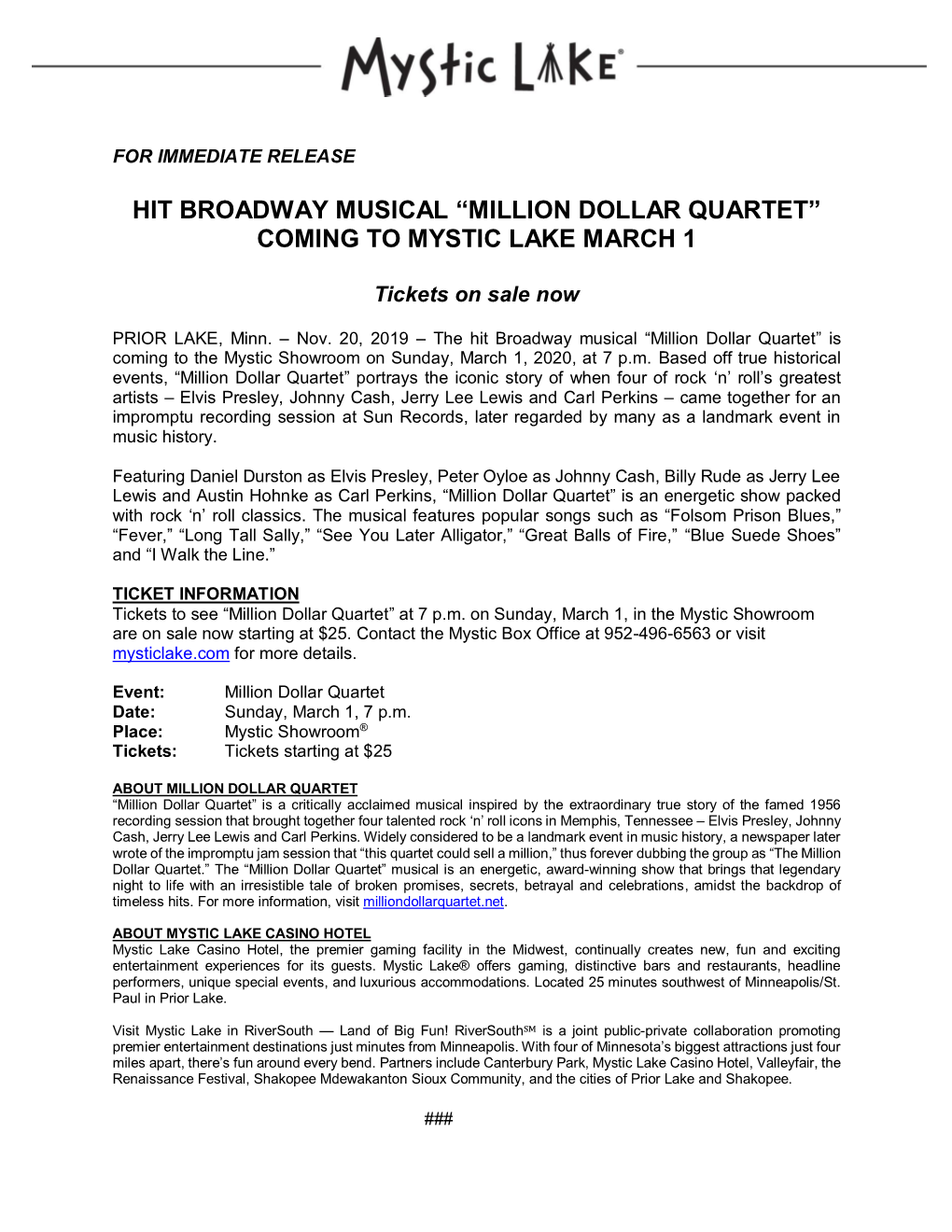 Million Dollar Quartet” Coming to Mystic Lake March 1