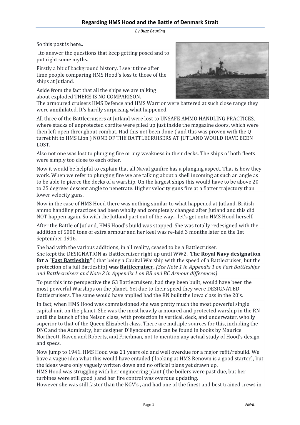 Regarding HMS Hood and the Battle of Denmark Strait by Buzz Beurling