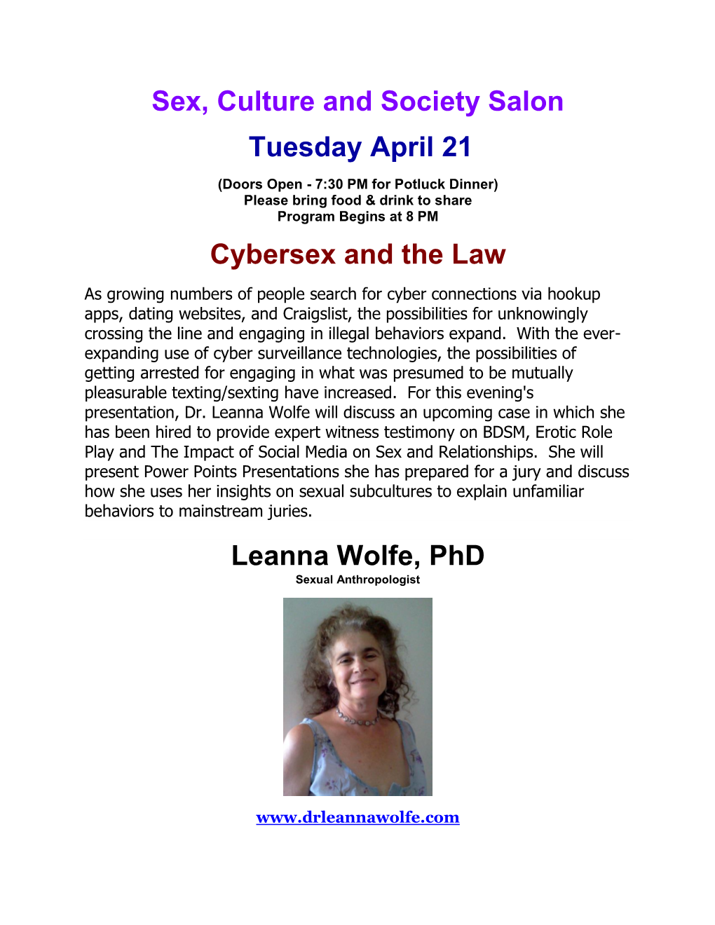 Sex, Culture and Society Salon Tuesday April 21 Cybersex and The