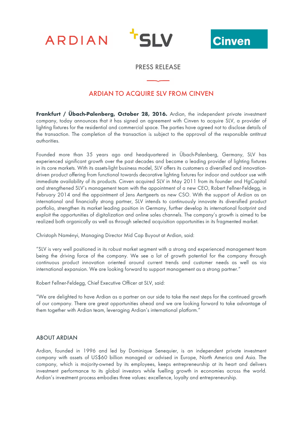 Ardian to Acquire Slv from Cinven Press Release