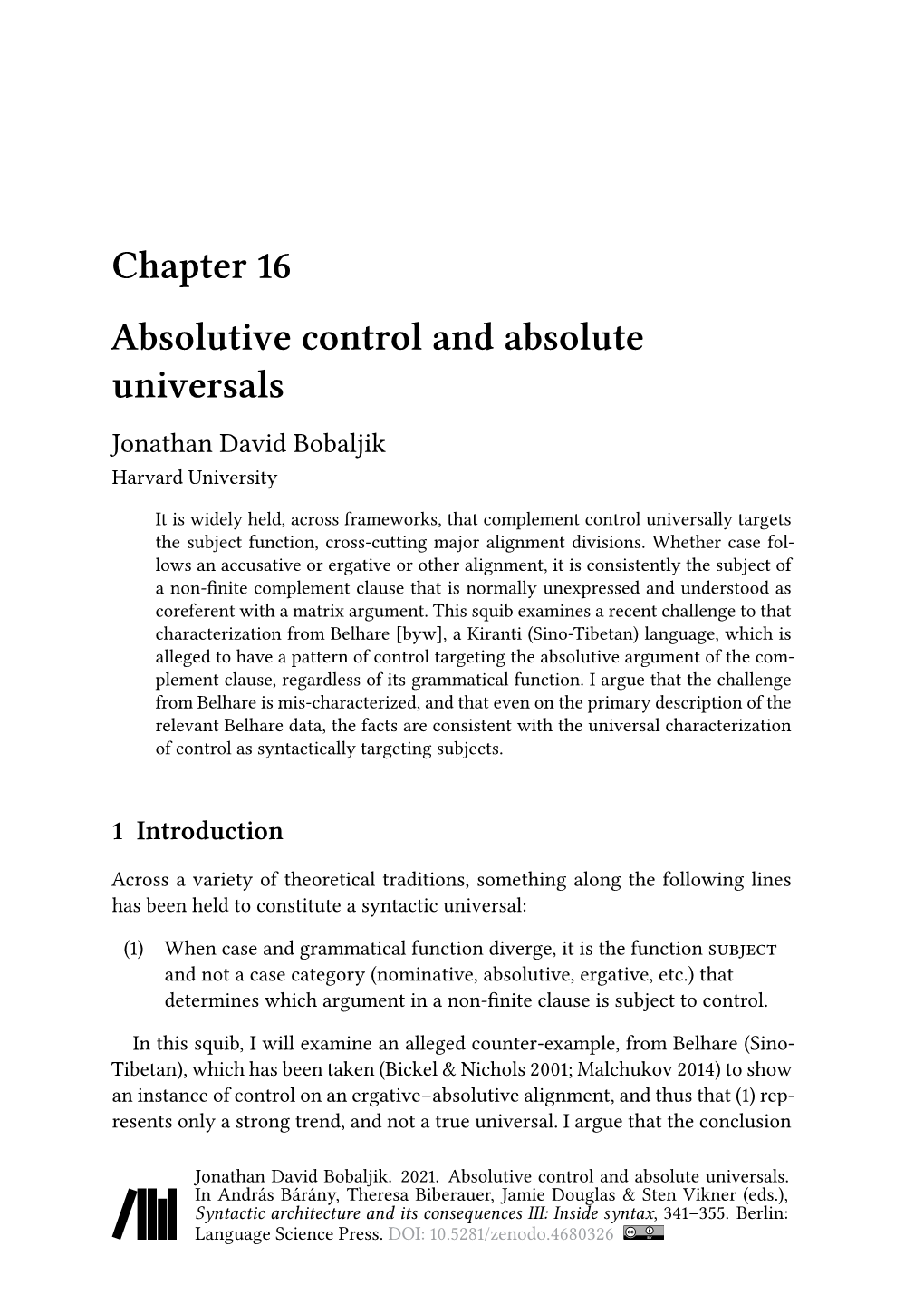 Chapter 16 Absolutive Control and Absolute Universals Jonathan David Bobaljik Harvard University