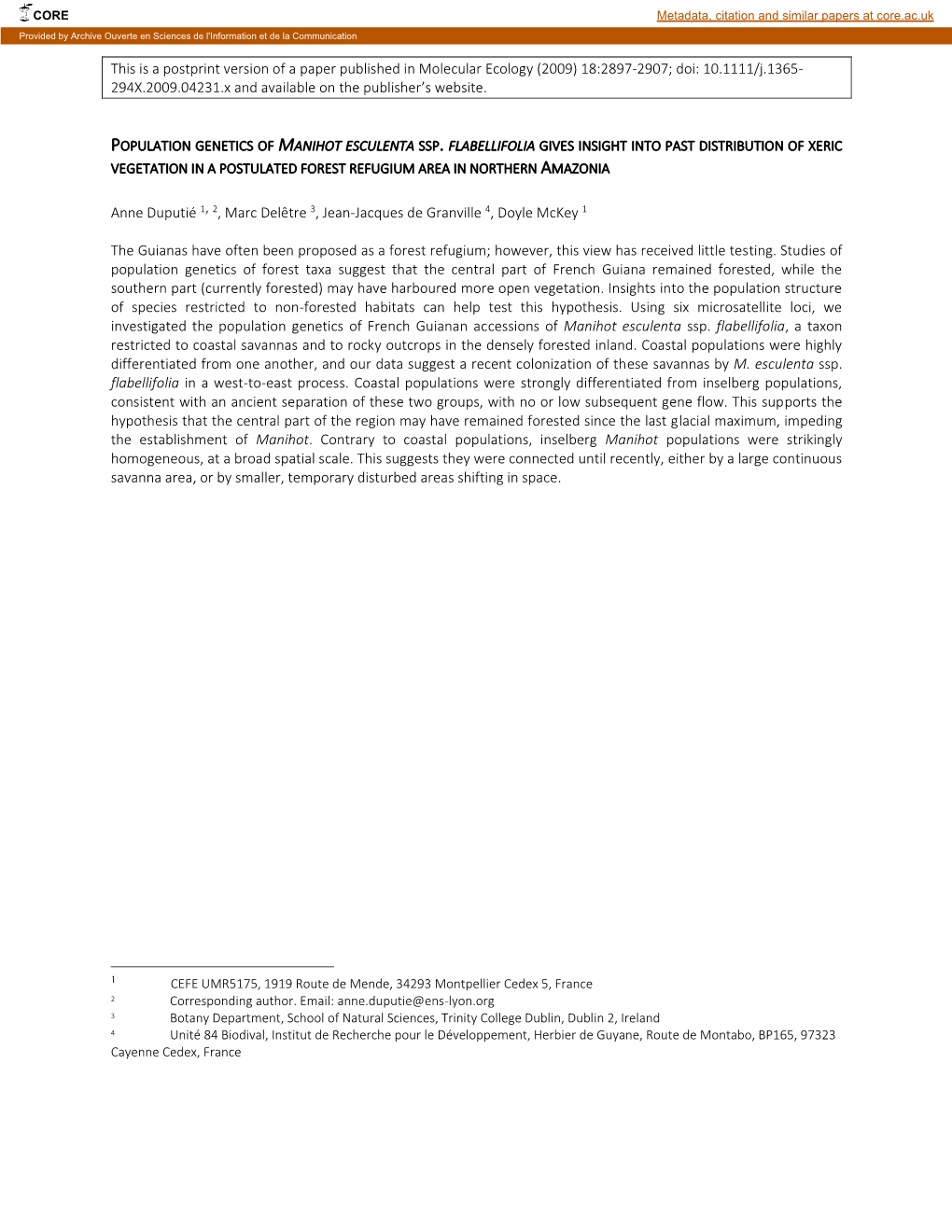 Population Genetics of Manihot Esculenta Ssp