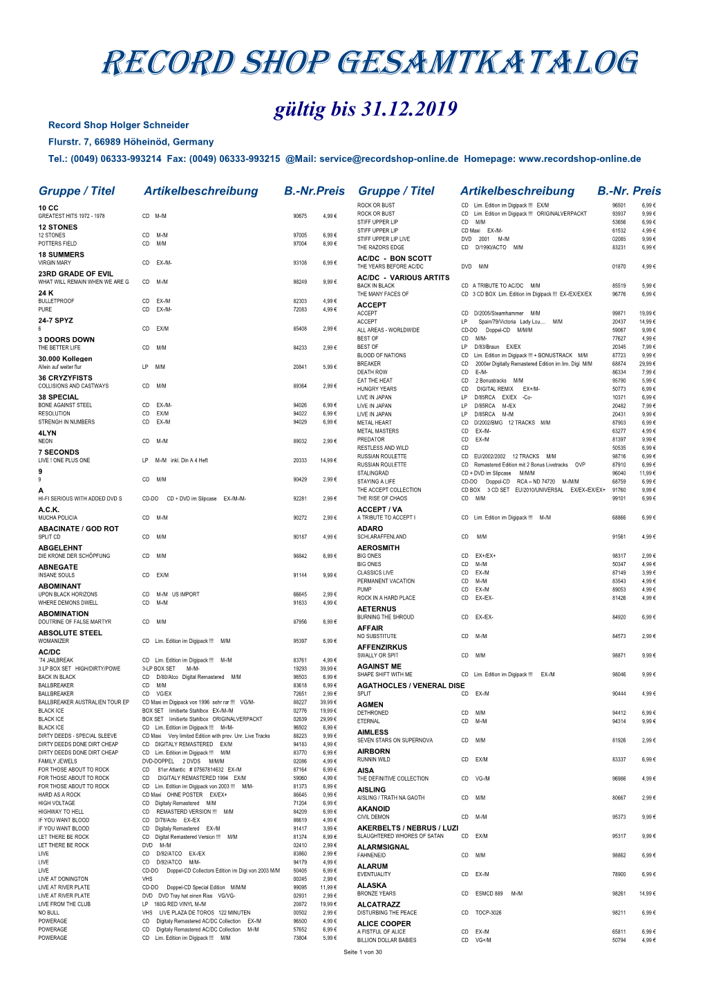 RECORD SHOP Gesamtkatalog Gültig Bis 31.12.2019 Record Shop Holger Schneider Flurstr