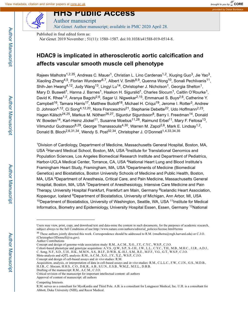 HDAC9 Is Implicated in Atherosclerotic Aortic Calcification and Affects Vascular Smooth Muscle Cell Phenotype