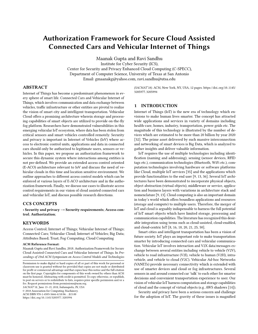 Authorization Framework for Secure Cloud Assisted Connected Cars and Vehicular Internet of Things