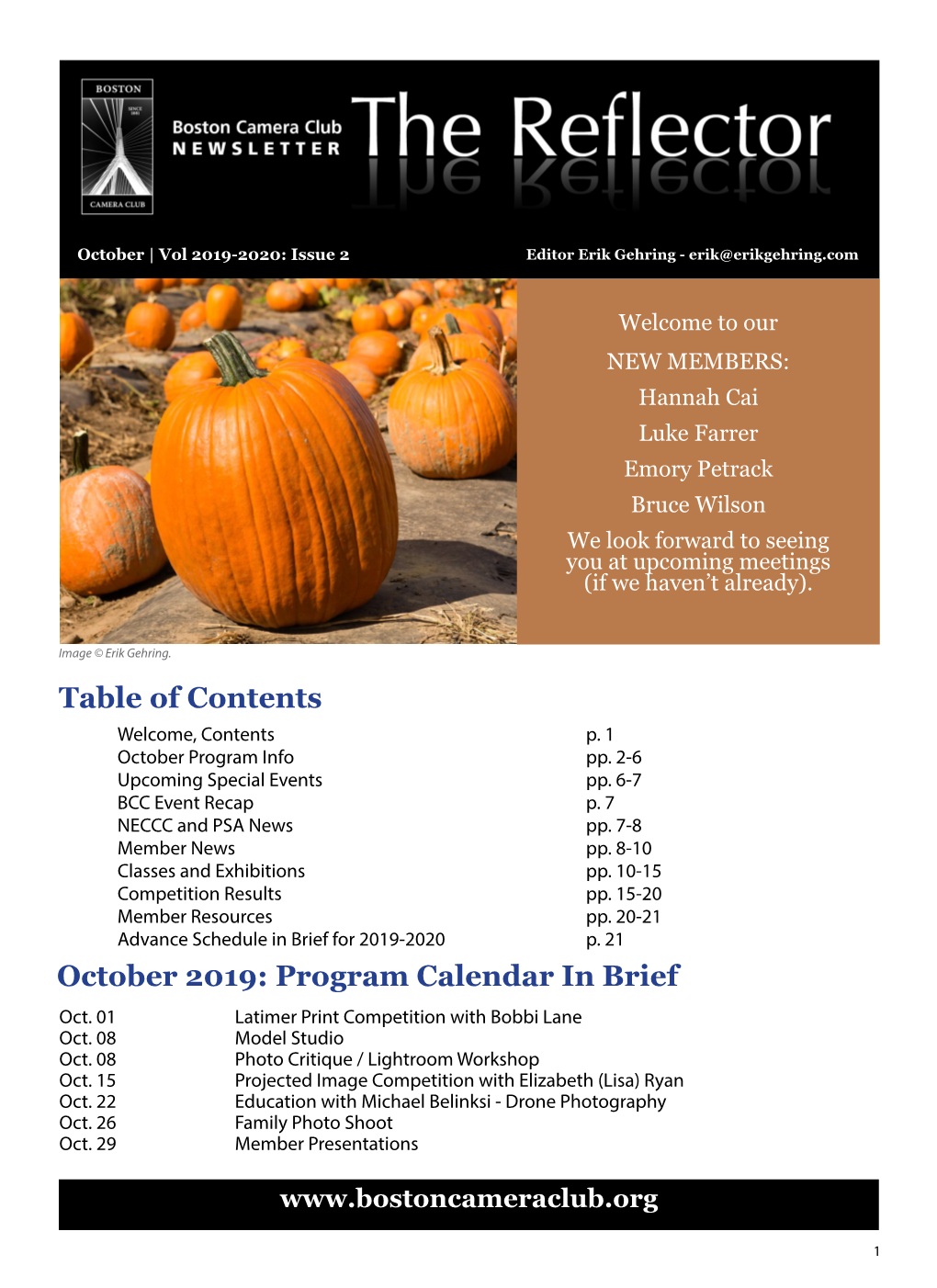 Table of Contents October 2019: Program Calendar in Brief