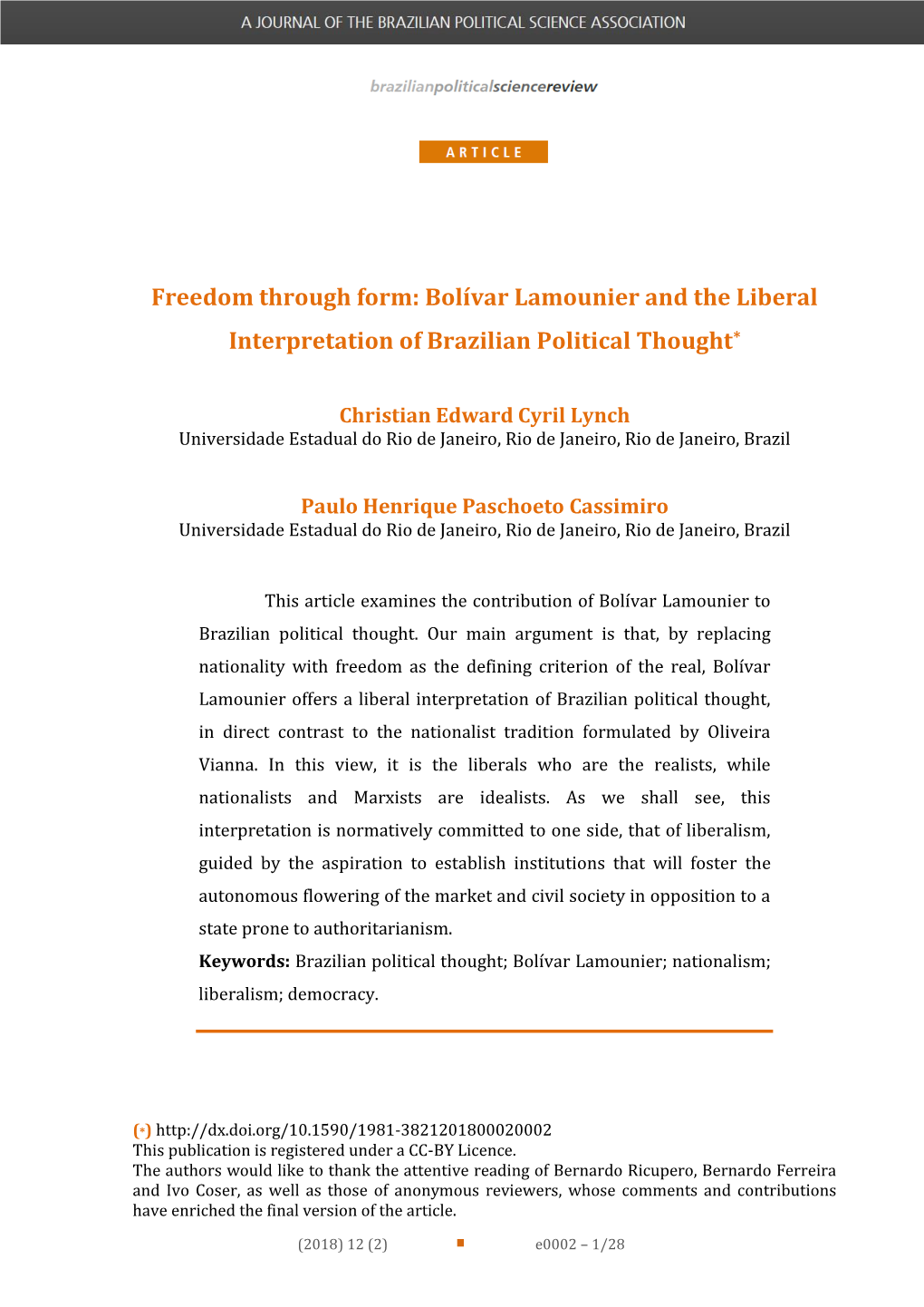 Freedom Through Form: Bolívar Lamounier and the Liberal Interpretation of Brazilian Political Thought*