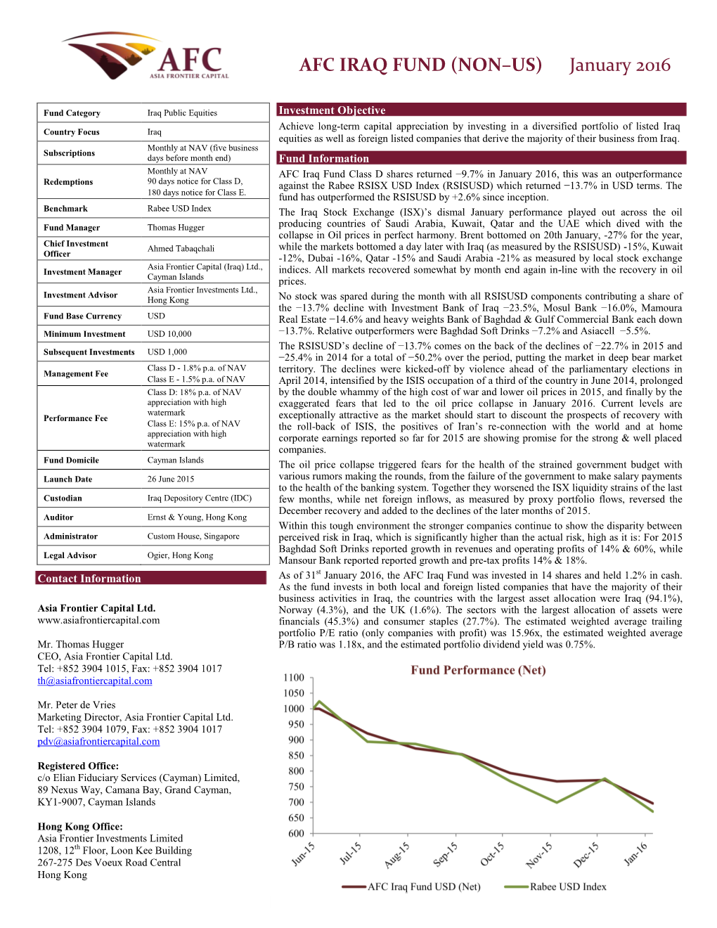 AFC IRAQ FUND (NON–US) January 2016