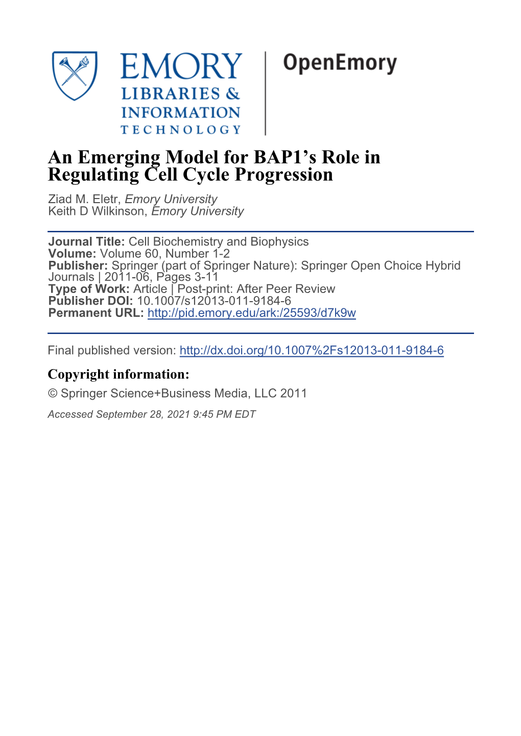 An Emerging Model for BAP1's Role In