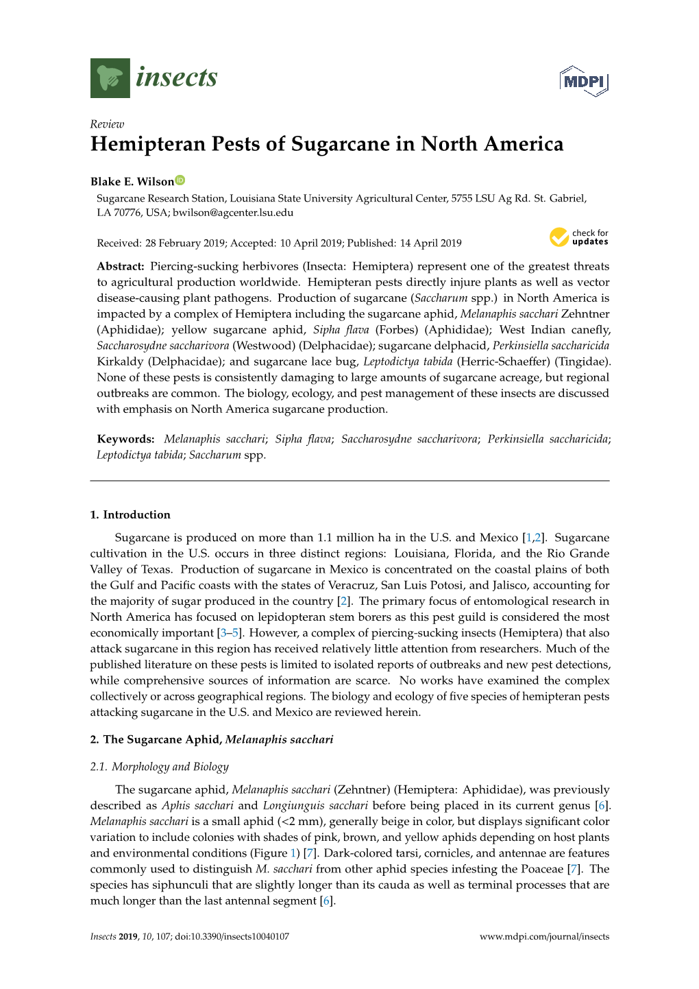 Hemipteran Pests of Sugarcane in North America