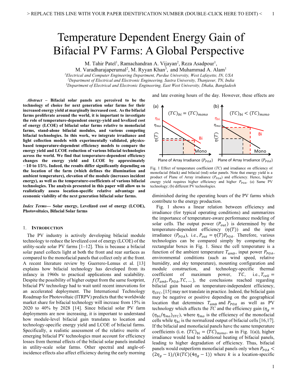 Temperature Dependent Energy Gain of Bifacial PV Farms: a Global Perspective M