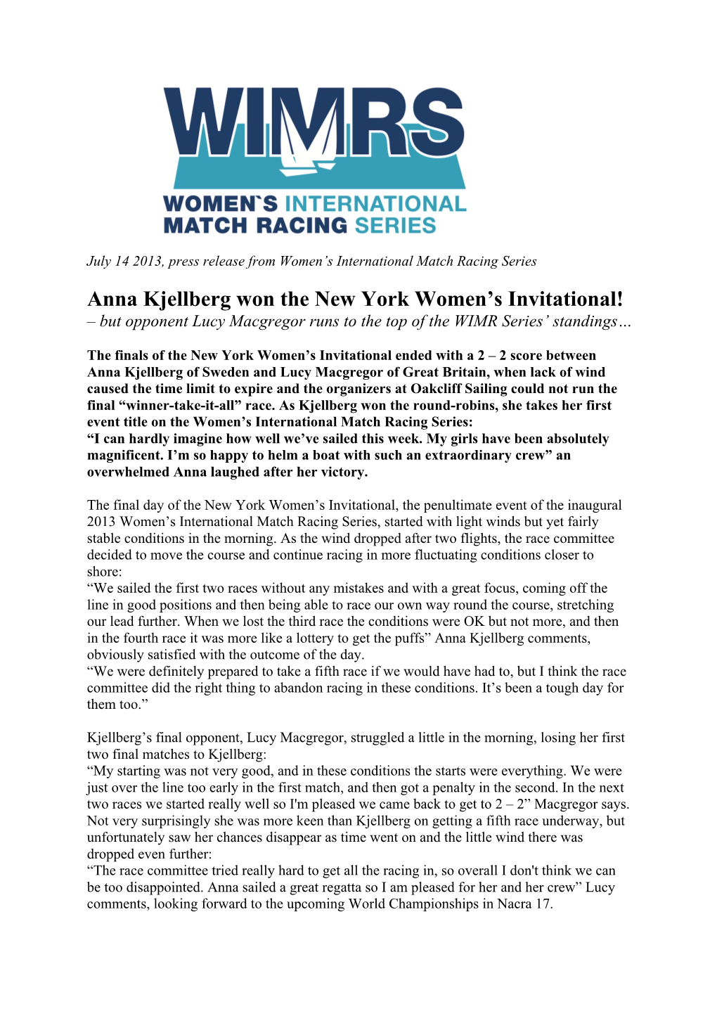 Anna Kjellberg Won the New York Women's Invitational!