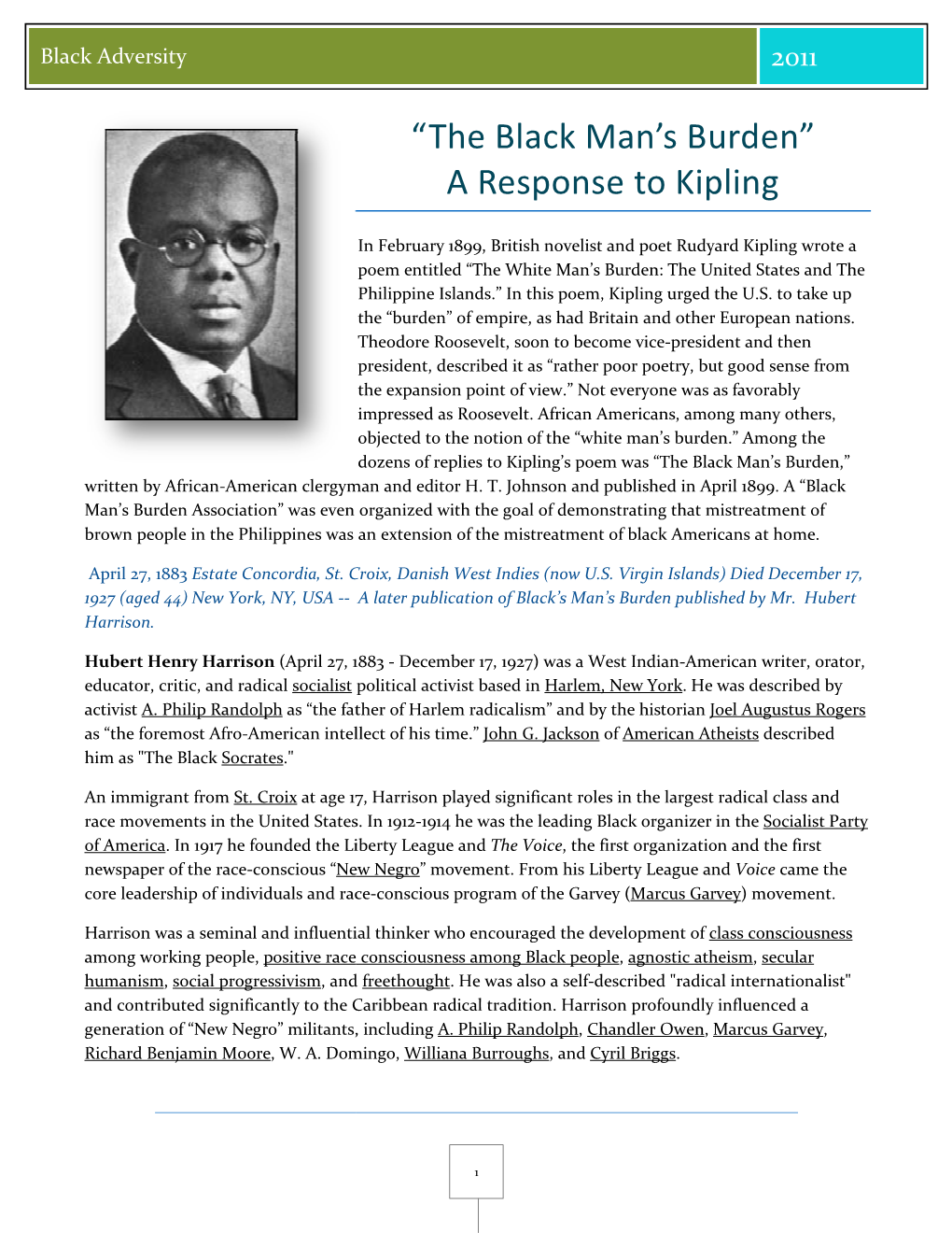 “The Black Man's Burden” a Response to Kipling