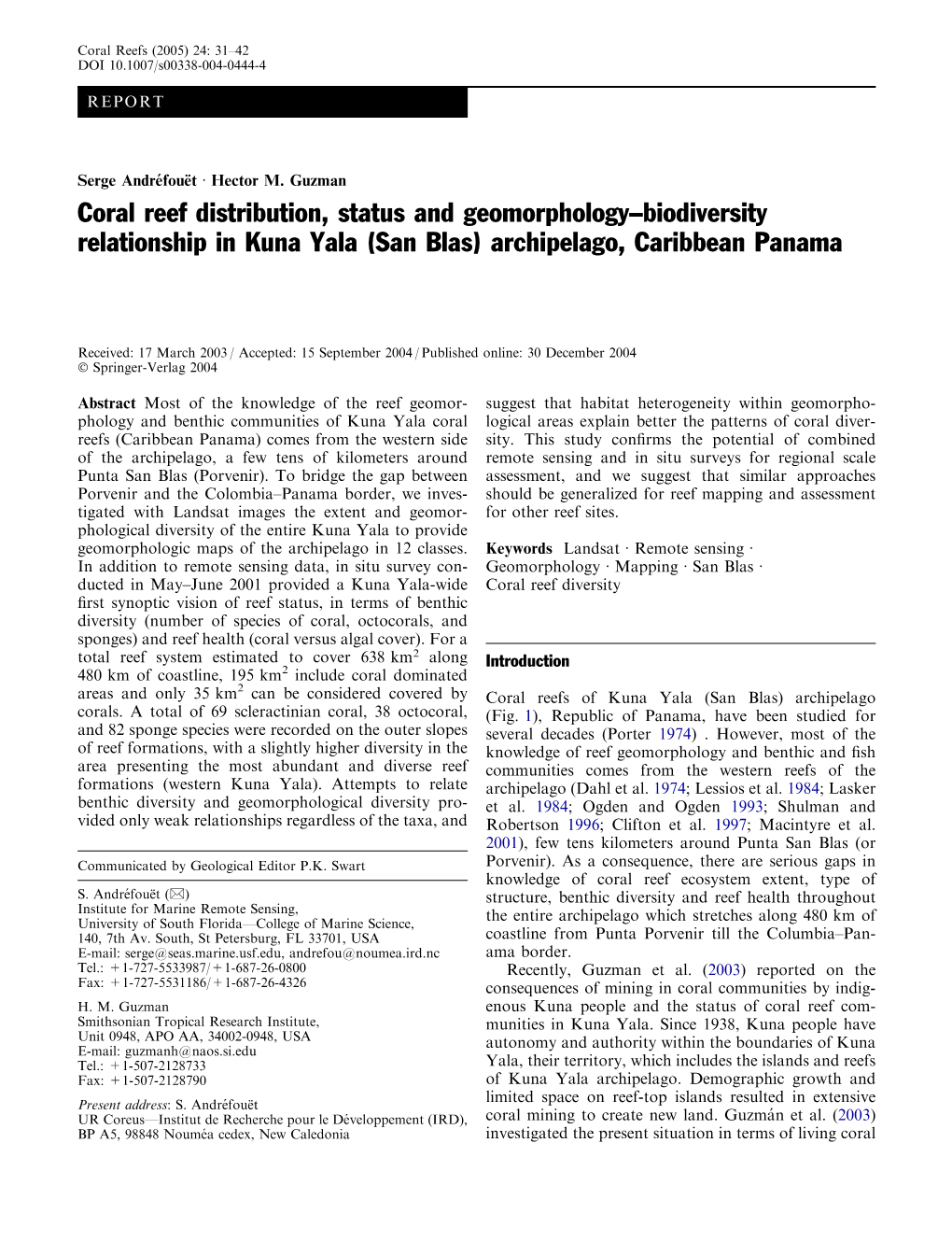 Coral Reef Distribution, Status and Geomorphology–Biodiversity Relationship in Kuna Yala (San Blas) Archipelago, Caribbean Panama