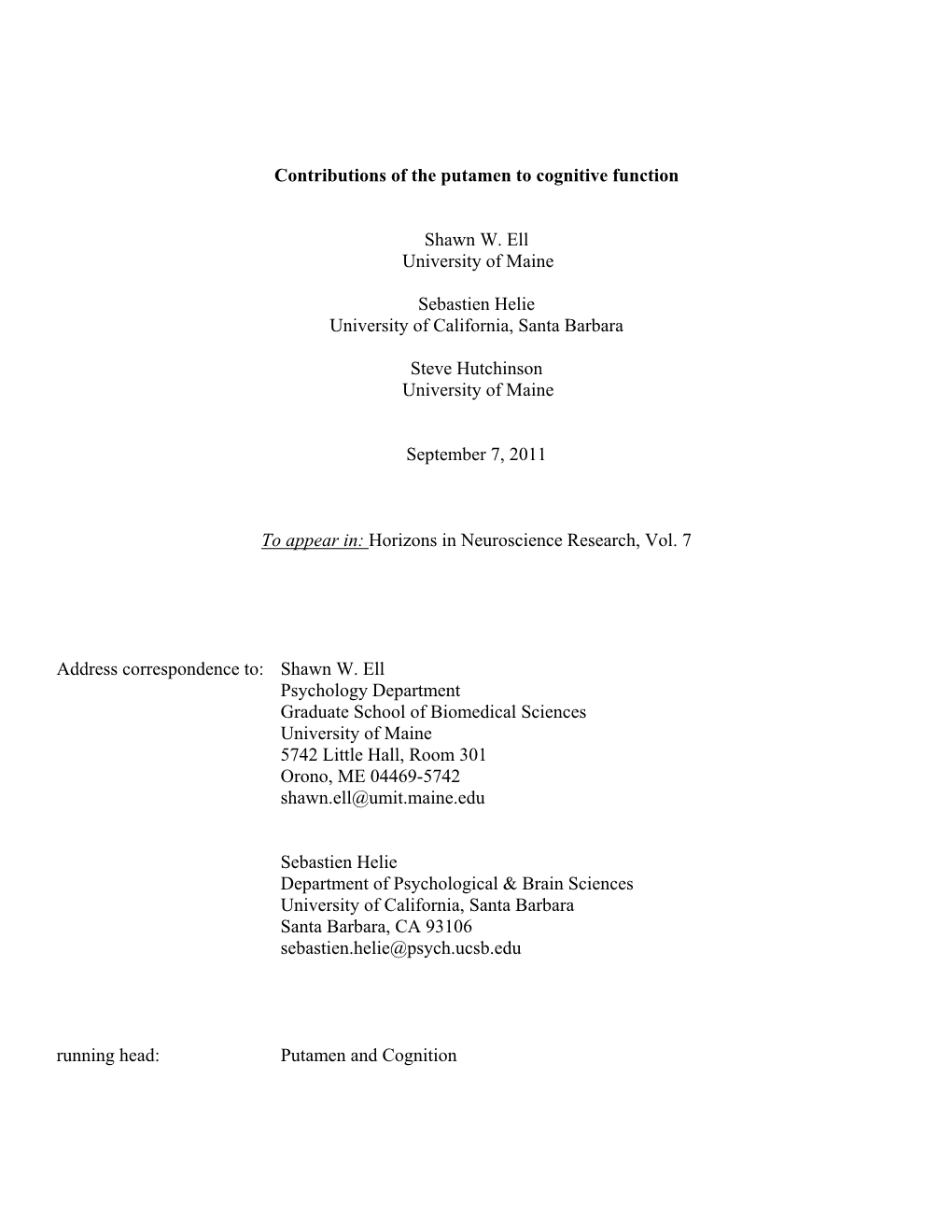 Contributions of the Putamen to Cognitive Function