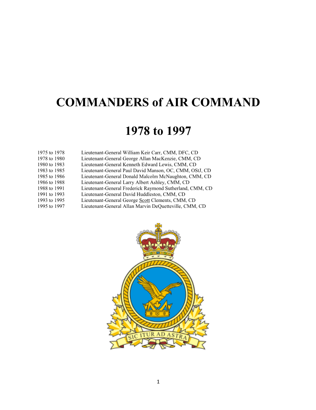 COMMANDERS of AIR COMMAND 1978 to 1997