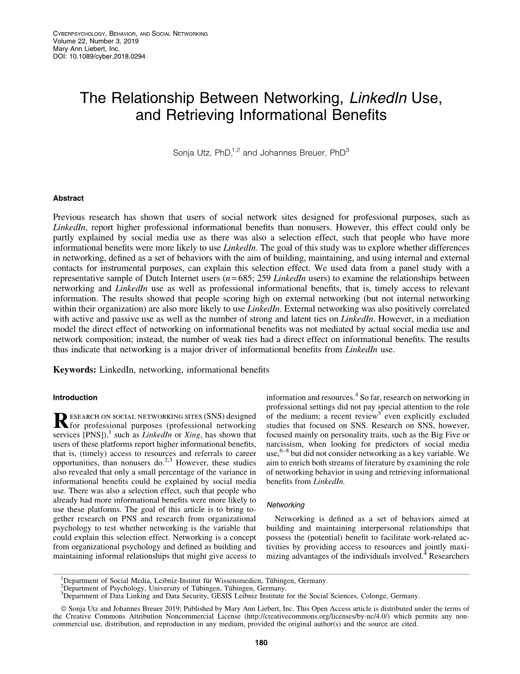 The Relationship Between Networking, Linkedin Use, and Retrieving Informational Beneﬁts
