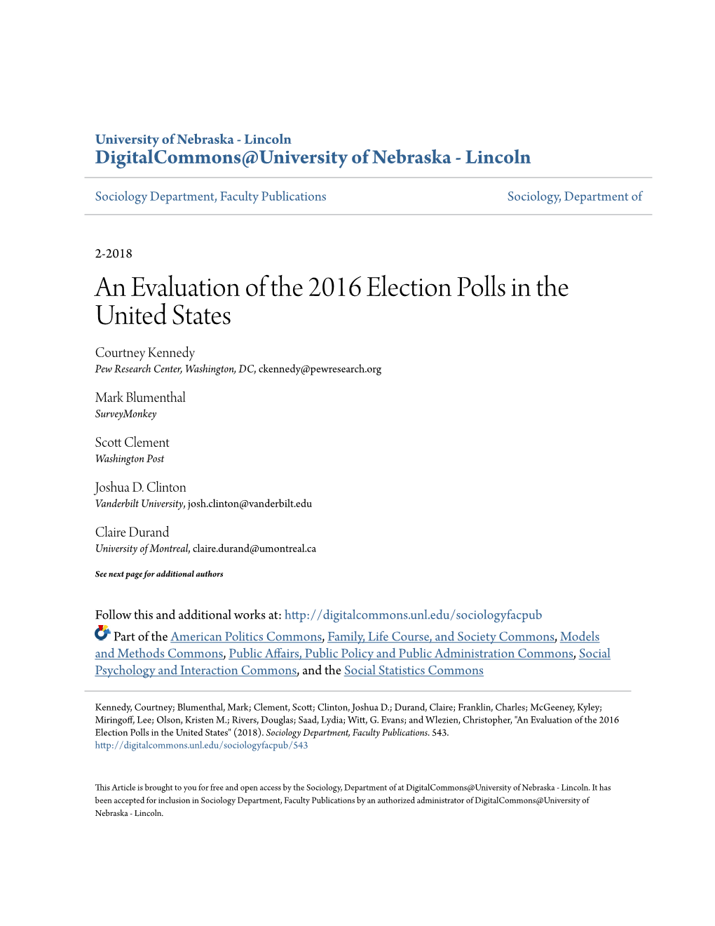 An Evaluation of the 2016 Election Polls in the United States Courtney Kennedy Pew Research Center, Washington, DC, Ckennedy@Pewresearch.Org