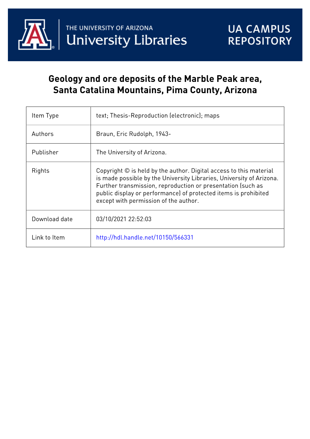 Geology and Ore Deposits of the Marble Peak Area, Santa Catalina Mountains, Pima County, Arizona