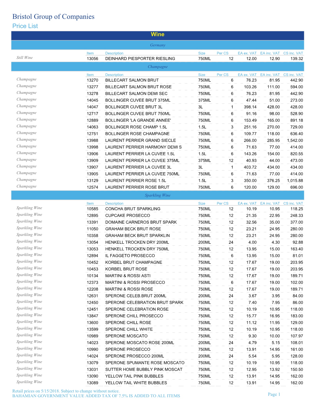 Price List Wine